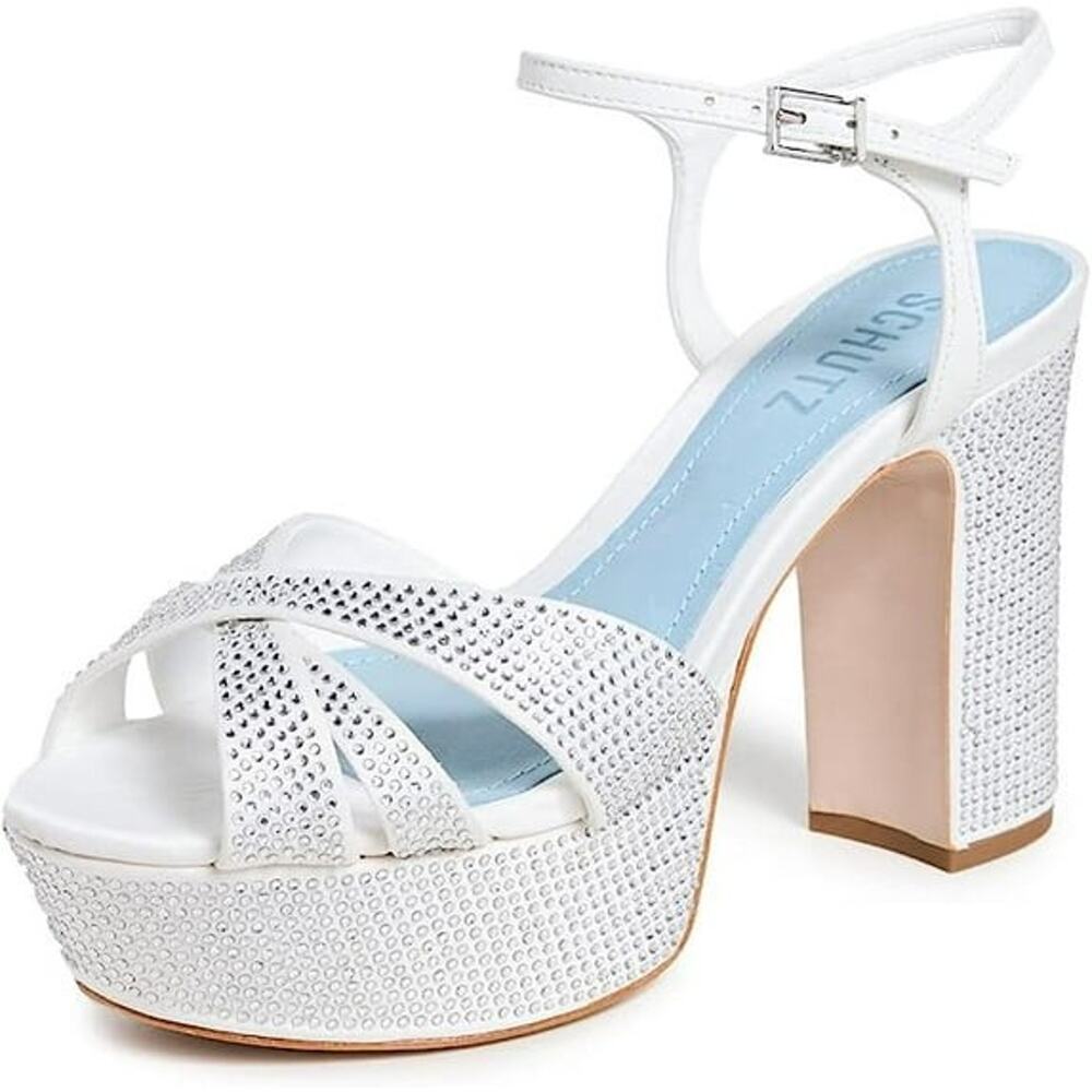 Schutz Keefa Crystal White Ankle Strap Open Toe Block Heel Platform Sandals 8.5M